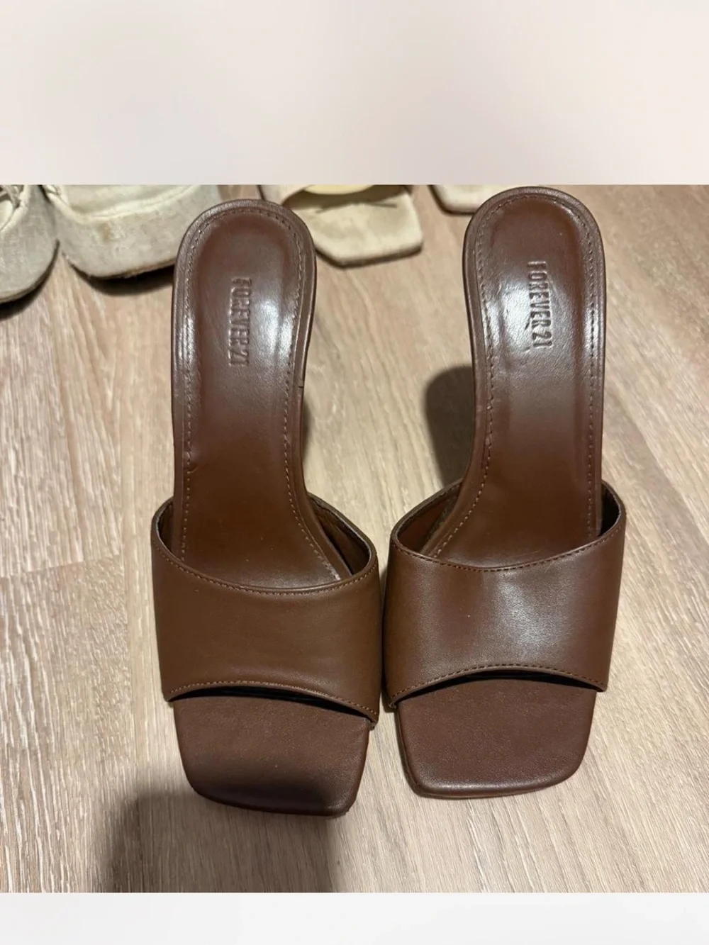 Forever 21 Brown Square-Toe High Heel Slide Sandals